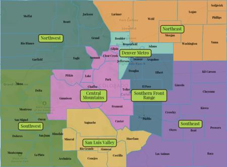 Map of Colorado's eight regions distinguished by colors.
