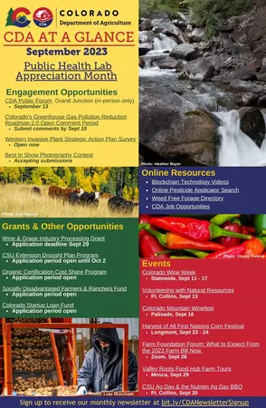 September list of events, grants and opportunities, online resources and CDA engagement opportunities on one page, with live links and relative ag images.