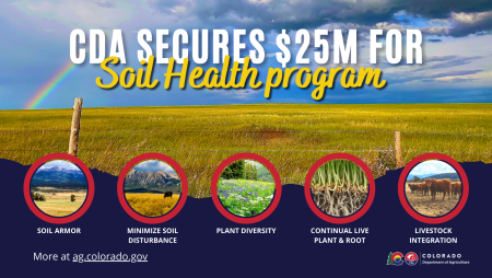 CDA Secures $25M for Soil Health Program. Soil health principles: Soil Armor, minimize soil disturbance, plant diversity, continual live plant & root, livestock integration. More at ag.colorado.gov