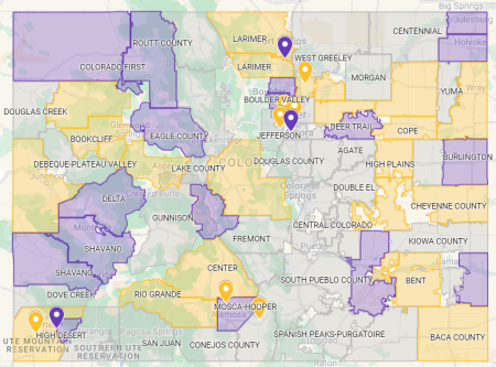 Map of Colorado with conservation districts participating in STAR Plus shaded two colors: Purple for those enrolled in 2022 and yellow for those enrolled in 2023. Place markers denote other eligible entities enrolled in 2022 (purple) and 2023 (yellow).