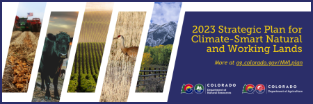 2023 Strategic Plan for Climate-Smart Natural and Working Lands, slices of Colorado agriculture including potatoes being harvested, up-close shot of a beef calf, vineyards in the sunset, heron in a marsh, wooden fence near high Colorado mountains