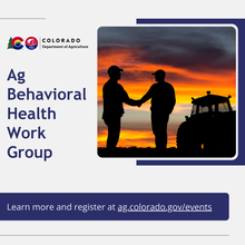 Silhouette of two farmers shaking hands at sunset with a tractor behind them with words Ag Behavioral Health Work Group