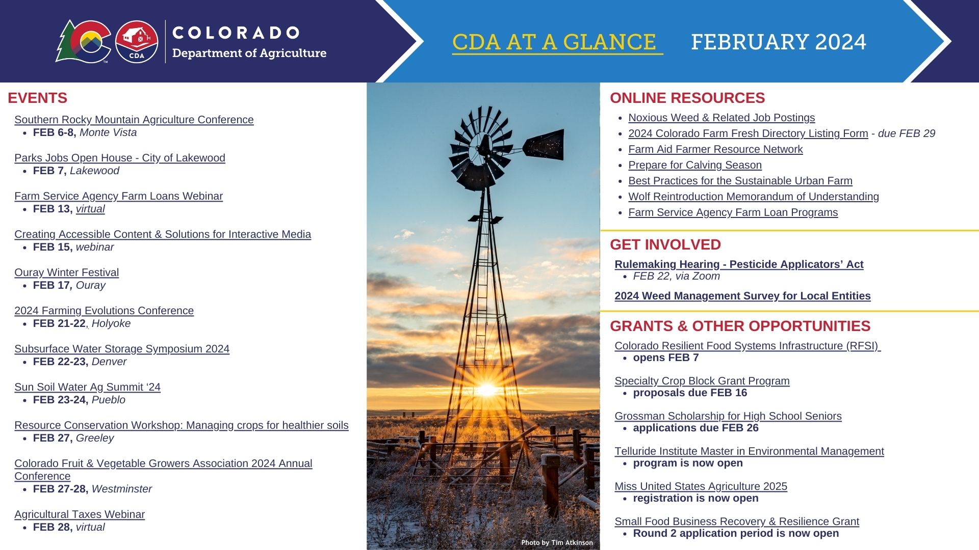 February newsletter in accessibility-friendly new format, featuring one decorative image of a windmill in a frosty sunset, and two columns listing relevant information under headers for Events, Online Resources, Get Involved, Grants and Other Opportunities for the month. 
